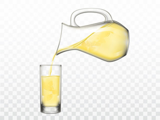 Pouring fresh juice or lemonade with lemon slices from jug in highball glass 3d realistic vector illustration isolated on transparent background. Natural refreshing drink, quenching thirst concept