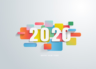 Happy 2020 new year with colorful geometric shapes banner. Greetings and invitations, New year Christmas themed congratulations, cards and background. Vector illustration.