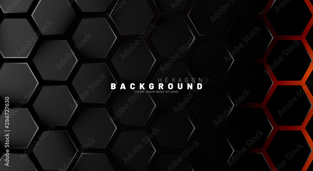 Sticker abstract black hexagon pattern on neon gradient orange background technology style. honeycomb. vecto