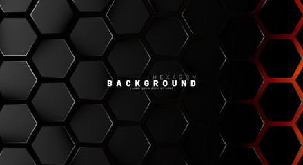 Abstract black hexagon pattern on neon gradient orange background technology style. Honeycomb. Vector illustration