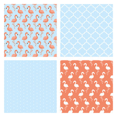 Materiał do szycia Set of four seamless patterns with flamingo birds and feathers