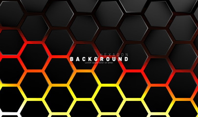 Abstract black hexagon pattern on neon gradient orange background technology style. Honeycomb. Vector illustration