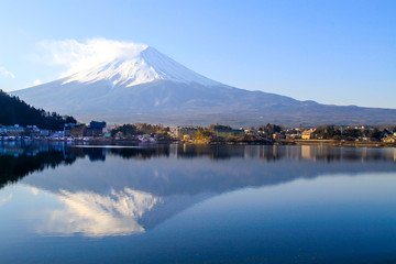 Mt. Fuji with reflection in winter, Fujiyoshida, Japan