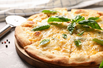 Cheese pizza with basil, cutter and spices on grey background, close up