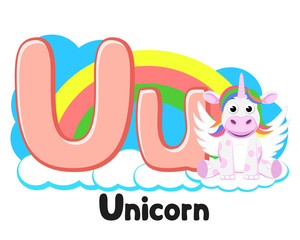 Alphabet unicorn sits on a cloud letter Uu on a white. Preschool education.