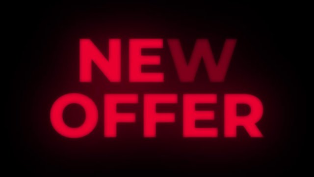 New Offer Text Blinking Flickering Neon Red Sign Promotional Loop Background. Sale, Discounts, Deals, Special Offers. Green Screen and Alpha Matte
