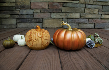 Decorative Pumpkins Wood Floor Rock Wall