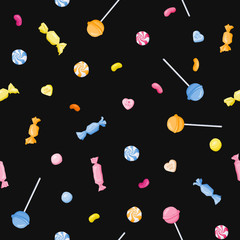 Candies, lollipops, jelly beans seamless pattern on black background