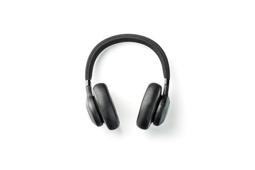 Black bluetooth headphones on a white background, isolate top view. In-Ear Headphones for DJs