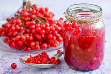 Viburnum berry with sugar in a glass jar