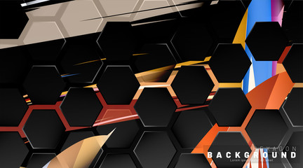 Black hexagon abstract pattern on colorful brush style background technology. Honeycomb. Vector illustration