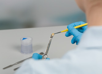close up of painting work at artificial dentition in a dental laboratory