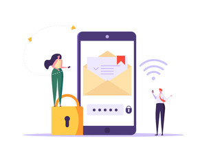 Mail, Letter, Data protection concept. Business people with mail, lock and phone. Insurance from business risk. Vector illustration in flat cartoon design