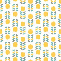 Seamless pattern with yellow tulips and leaves