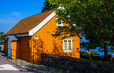 Traditional wooden panelled summer house in Asgardstrand, Norway