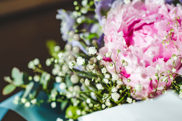 Bouquet of flowers close-up. Peonies, hydrangea.