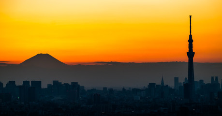 Naklejka premium Sunset Tokyo Cityscapes and Mount Fuji