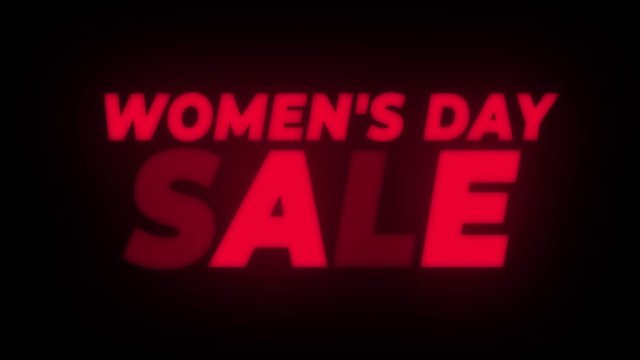 Women's Day Sale Text Blinking Flickering Neon Red Sign Promotional Loop Background. Sale, Discounts, Deals, Special Offers. Green Screen and Alpha Matte