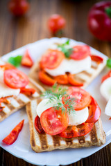 Closeup of a fresh sandwich with mozzarella, tomatoes