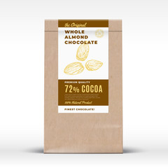 The Original Almond Chocolate. Craft Paper Bag Product Label. Abstract Vector Packaging Design Layout with Realistic Shadows. Modern Typography and Hand Drawn Nuts Silhouette.
