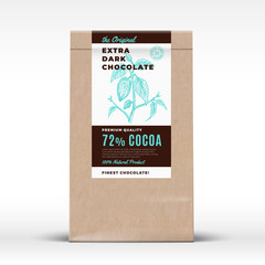 The Original Extra Dark Chocolate. Craft Paper Bag Product Label. Abstract Vector Packaging Design Layout with Realistic Shadows. Modern Typography and Hand Drawn Cocoa Beans Branch Silhouette.