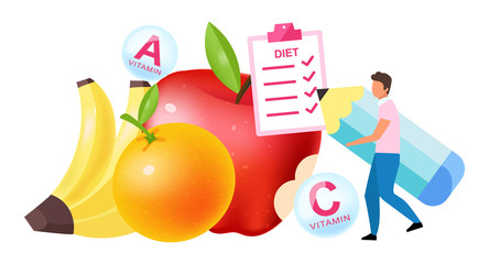 Fruits in diet plan flat vector illustration. Man choosing vitamin containing bananas, apples, oranges isolated cartoon character on white background. Healthy nutrition habits, lifestyle choice