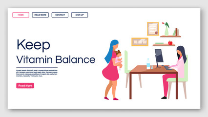 Kids nutrition vitamins balance landing page vector template. Pediatrician website interface idea with flat illustrations. Childcare homepage layout. Nutritionist web banner, webpage cartoon concept