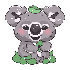 Cute koala kawaii cartoon vector character. Adorable and funny smiling animal eating eucalyptus isolated sticker, patch, kids book illustration. Anime baby koala bear emoji on white background