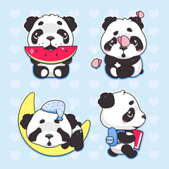 Cute panda kawaii cartoon vector characters set. Adorable and funny animal eating watermelon, sleeping on moon isolated sticker, patches pack. Anime baby boy panda bear emoji on blue background
