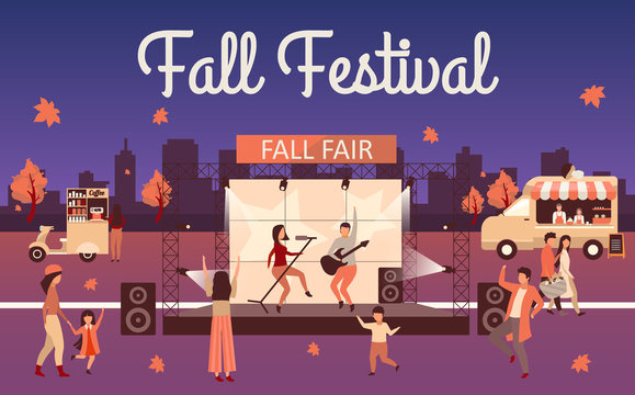 Night fall festival flat illustration. Autumn event and Thanksgiving day holiday advertising poster. Fall fair lettering. Rock fest, carnival with street food truck. Concert visitors cartoon character