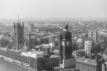 Aerial view of London with Westminster Bridge, Palace of Westminster and Big Ben being renovated in...