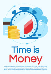 Time is money poster vector template. Investment, deposit period. Brochure, cover, booklet page concept design with flat illustrations. Instant payment. Advertising flyer, leaflet, banner layout idea