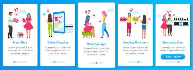 Customer making choice onboarding mobile app screen vector template. Online shopping, electronics shop. Walkthrough website steps with flat characters. UX, UI, GUI smartphone cartoon interface concept
