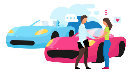 Car dealership flat vector illustration. Buying new automobile at store. Product expert, consultant advice. Customer and seller, shopping assistant isolated cartoon character on white background