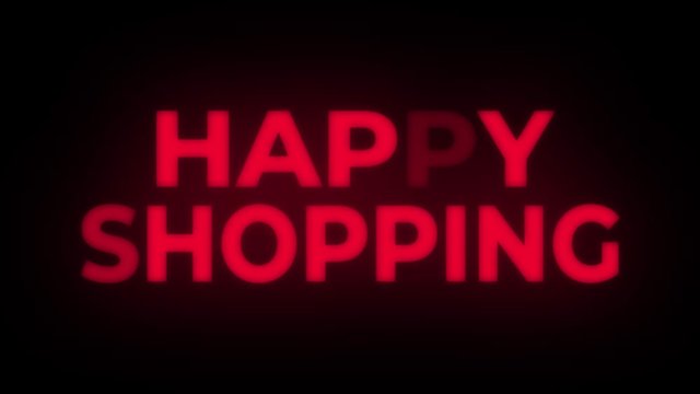 Happy Shopping Text Blinking Flickering Neon Red Sign Promotional Loop Background. Sale, Discounts, Deals, Special Offers. Green Screen and Alpha Matte
