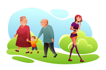 People on stroll in park flat vector illustration