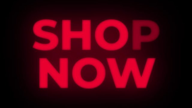 Shop Now Text Blinking Flickering Neon Red Sign Promotional Loop Background. Sale, Discounts, Deals, Special Offers. Green Screen and Alpha Matte