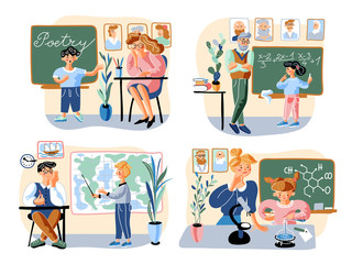 School education flat vector illustrations set