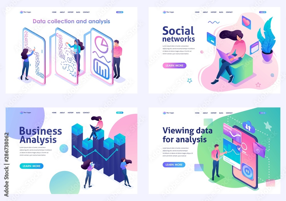 Poster set of isometric concepts.social networks, data analysis, business analysis, data collection. for la