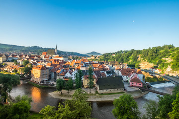 Fototapeta na wymiar Beautiful view to tower and castle in Cesky Krumlov in a morning, Czech repub