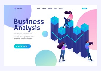 Team of professionals engaged in business analysis, young girls with gadgets at work. 3d isometric. Landing page concepts and web design