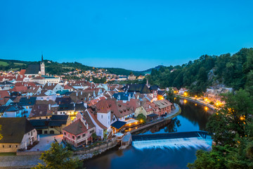 Fototapeta na wymiar Beautiful view to tower and castle in Cesky Krumlov at twilight, Czech republic