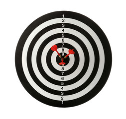 Red arrows hitting target on dart board against white background