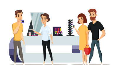 People in cosmetics shop flat vector illustration