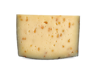 Piece of tasty cheese with fenugreek isolated on white