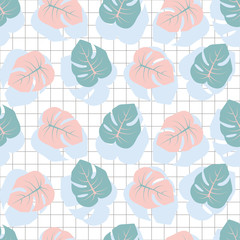 Seamless pattern with pink and teal Monstera leaves