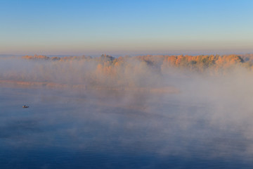 View on the Dnieper river in fog in the morning at autumn