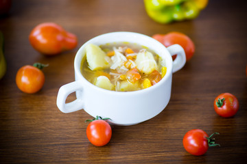 vegetable soup with noodles, tomatoes, peppers and other vegetables in a plate