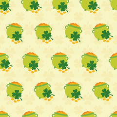 Seamless pattern with gold pots and clovers