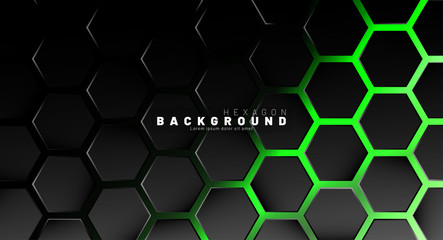 Abstract black hexagon pattern on green neon background technology style. Honeycomb. Vector illustration